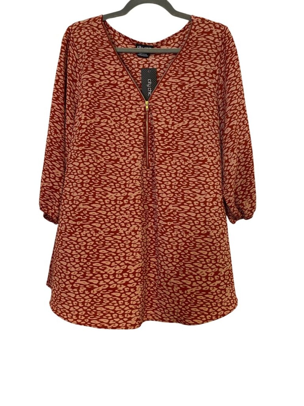 City Chic Women M Copper Leopard Print Tunic Top Zip Detail Tribal Boho NEW